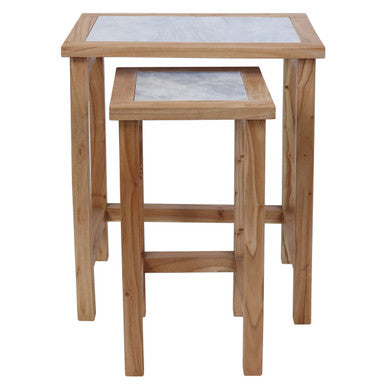 Set of 2 Small White Marble Top Nesting Side Tables with Natural Wood Frames | Womad