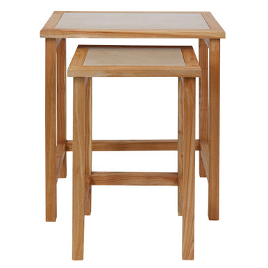 Set of 2 Large Cream Marble Top Nesting Side Tables with Natural Wood Frames | Womad