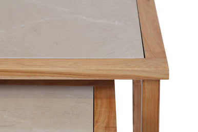 Set of 2 Large Cream Marble Top Nesting Side Tables with Natural Wood Frames, Womad