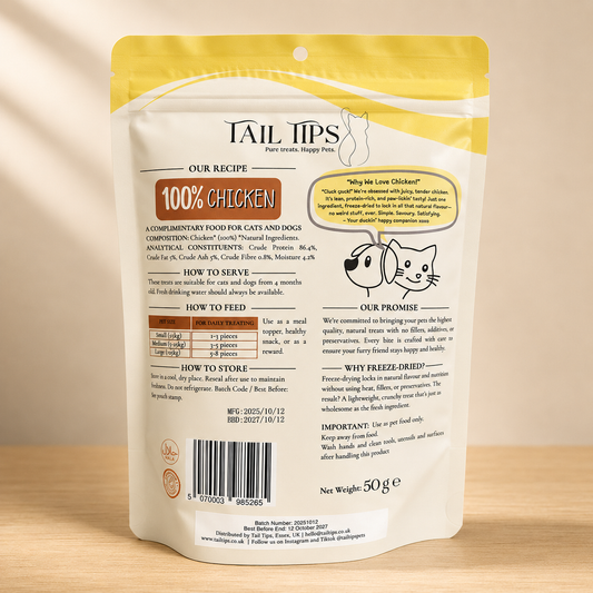 Cluck & Crunch - 100% Freeze-Dried Chicken Treats | Pure & Natural | Tail Tips UK | 50g pack