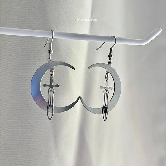 Large cool stainless steel moon with swords silver earrings