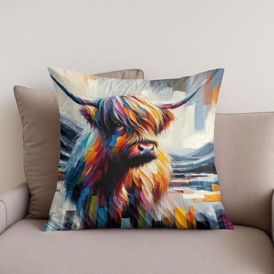 Vibrant Highland Cow Abstract Cotton Cushion