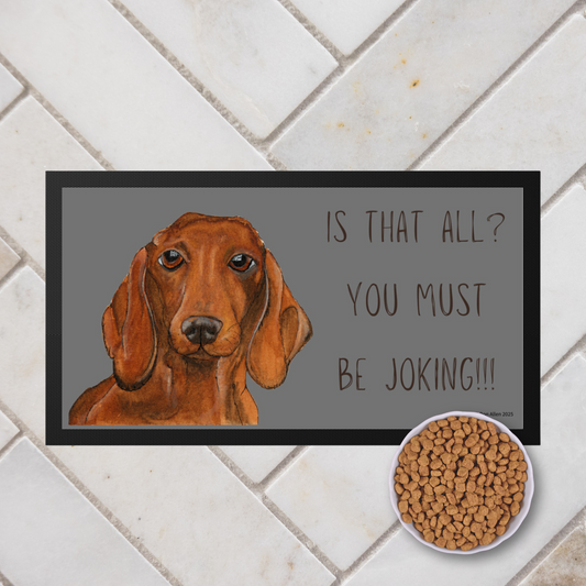 Dachshund Dining Drama – Hilarious Pet Bowl Mat!