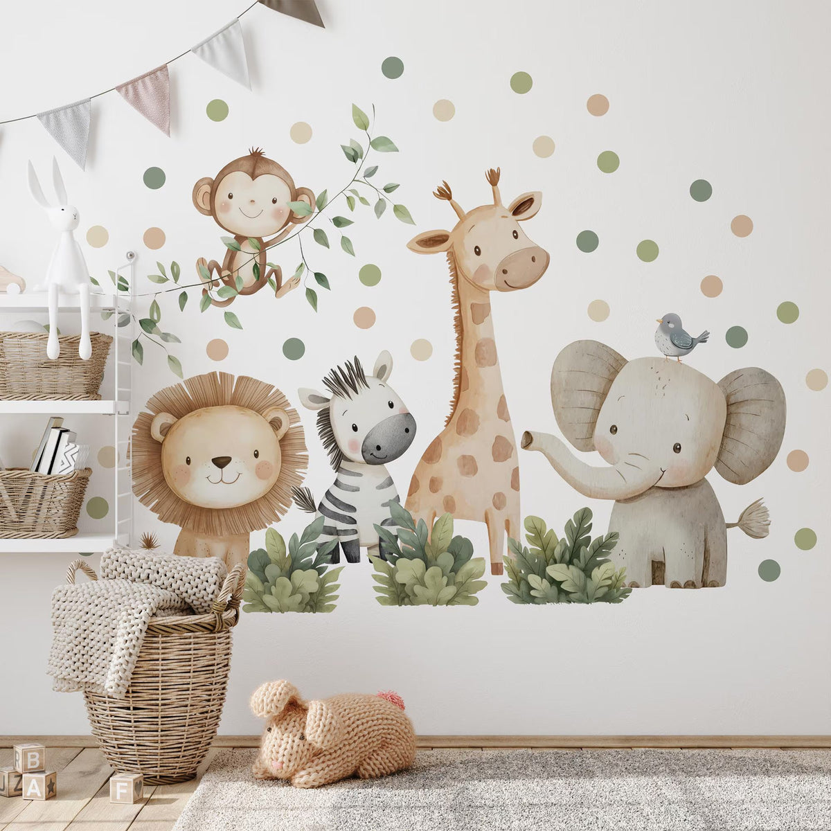 Watercolour Safari Animals Wall Decals | Neutral Lion, Giraffe & Elephant | Nursery Decor