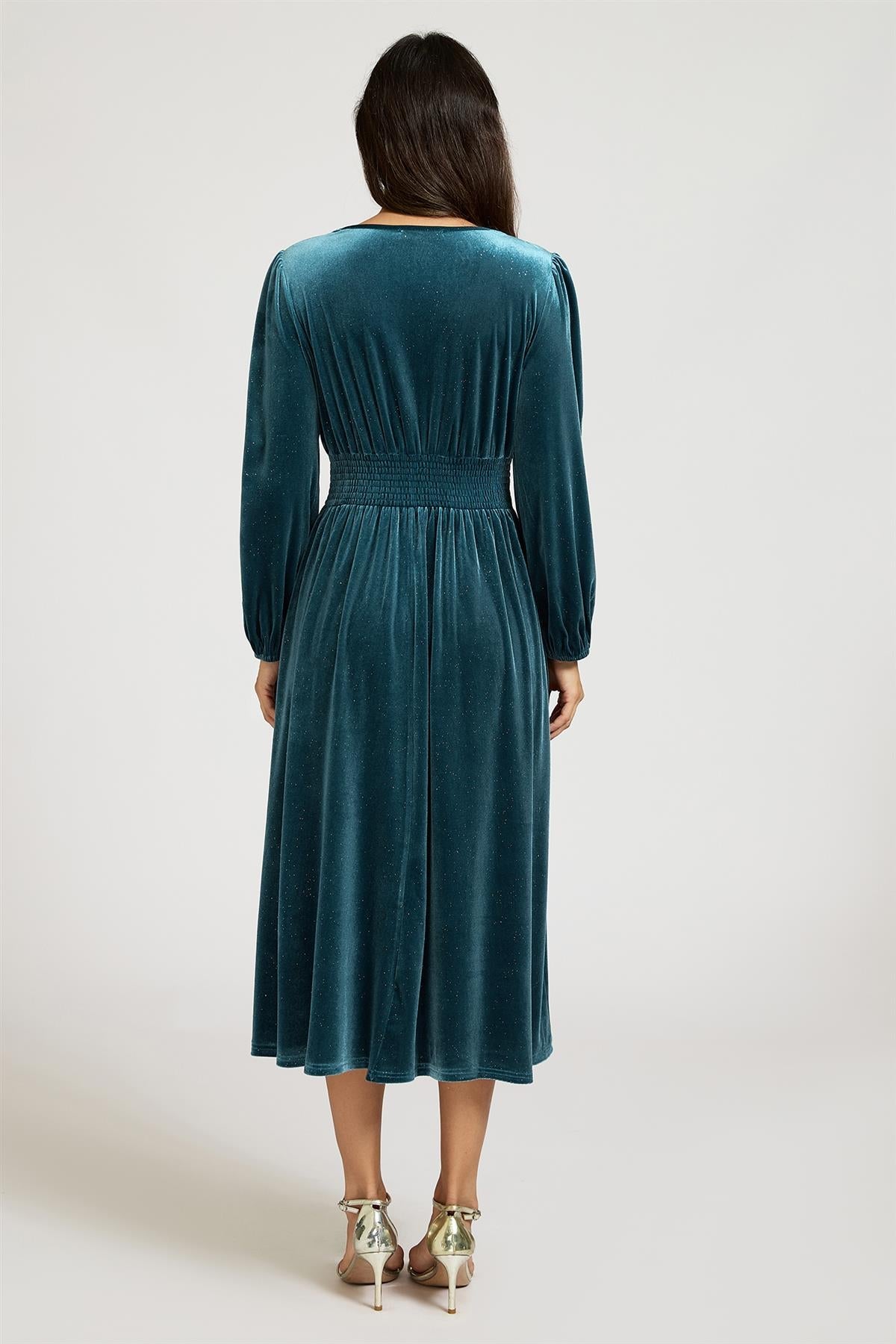 Silver Foil Velvet Lace Trim Neckline Midi Dress In Teal