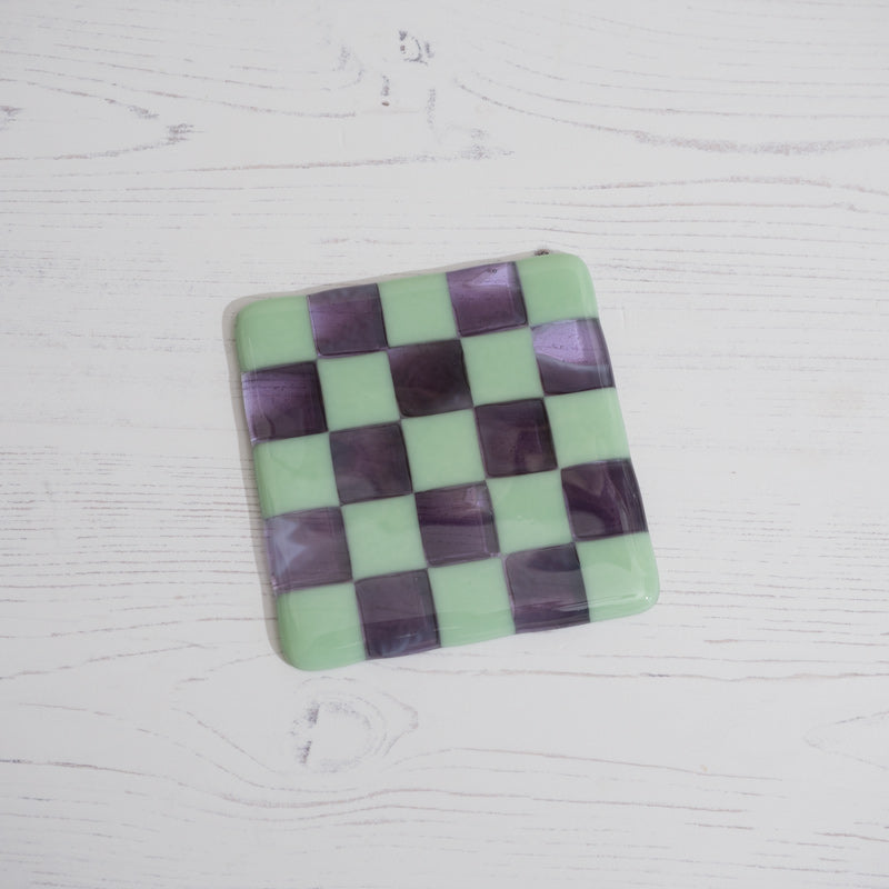 10cm Mint Green & Transparent Lavender with Amethyst/White Chequered Coaster - Bullseye Collection