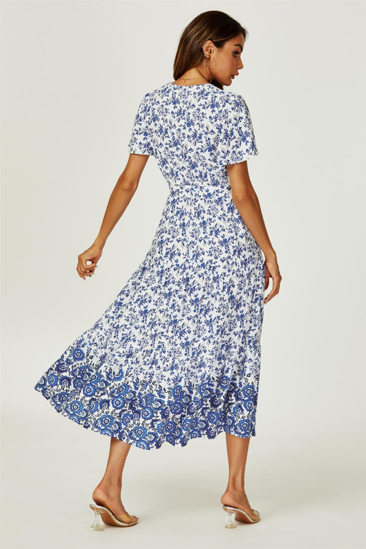 Floral Border Print Hem Tiered Midi Dress In White