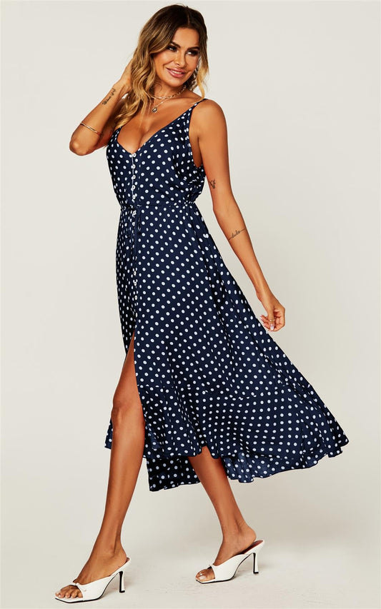 Button Down High Low Strappy Dress In Navy & White Polka Dot