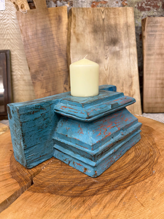 Rustic Church Candle Holder / Indian Pillar Base Holder / Farmhouse Decor Blue