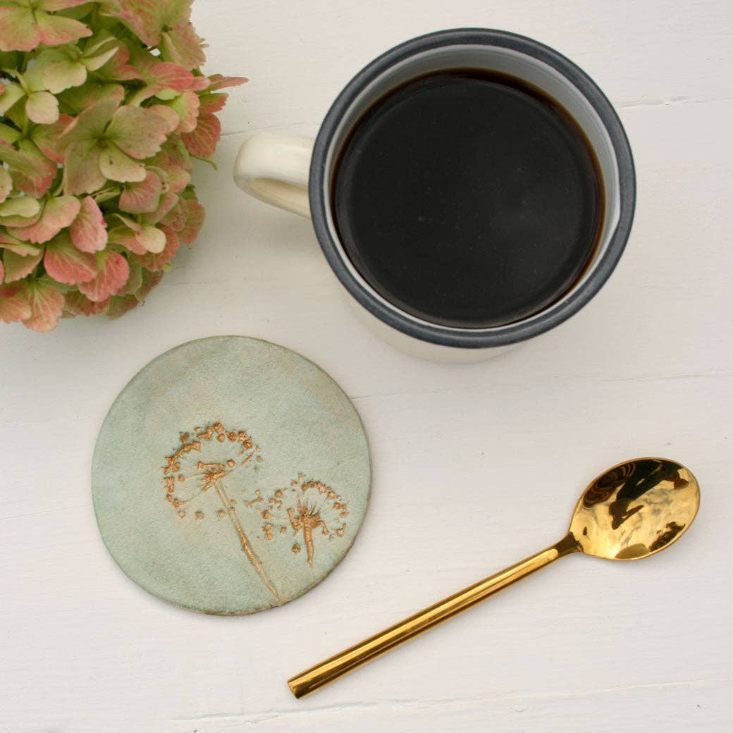 Juliet Reeves Green and Gold Wild Flower Ceramic Coasters Set of 4