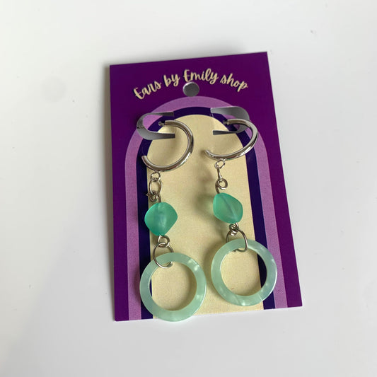 Cool silver handmade mint green blue circle and bead studs hoop earrings