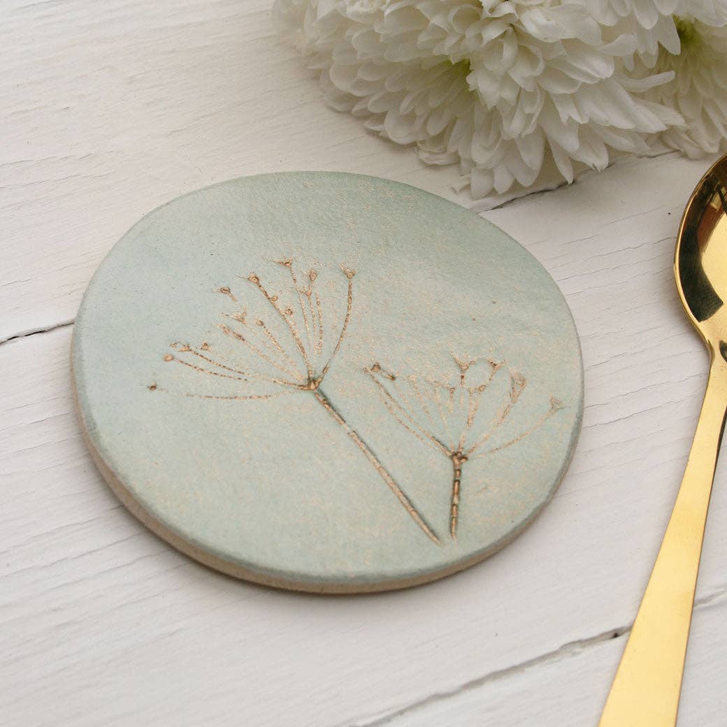 Juliet Reeves Green and Gold Wild Flower Ceramic Coasters Set of 4