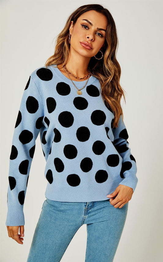 Comfy Knit Black Polka Dot Pattern Jumper Top In Blue