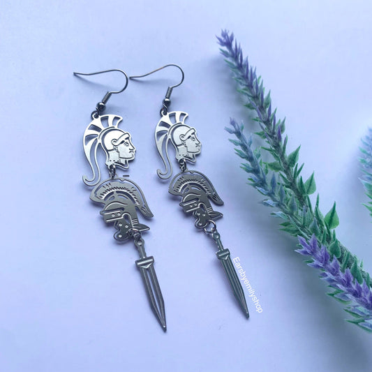 Cool quirky Roman warrior history statement stainless steel dangle earrings
