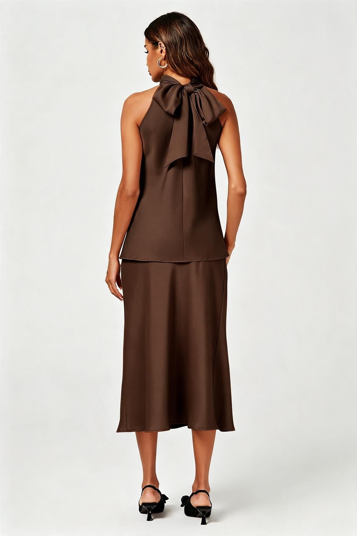 Satin Halter Neck Tie Back Top In Brown