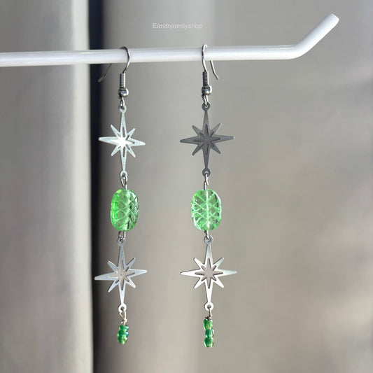 Stainless steel star and green bead statement dangle earrings