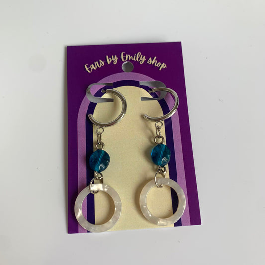 Cool silver handmade mint white circle and blue bead studs hoop earrings