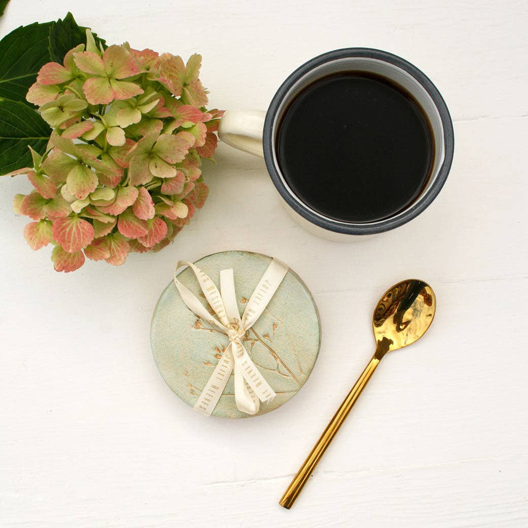 Juliet Reeves Green and Gold Wild Flower Ceramic Coasters Set of 4