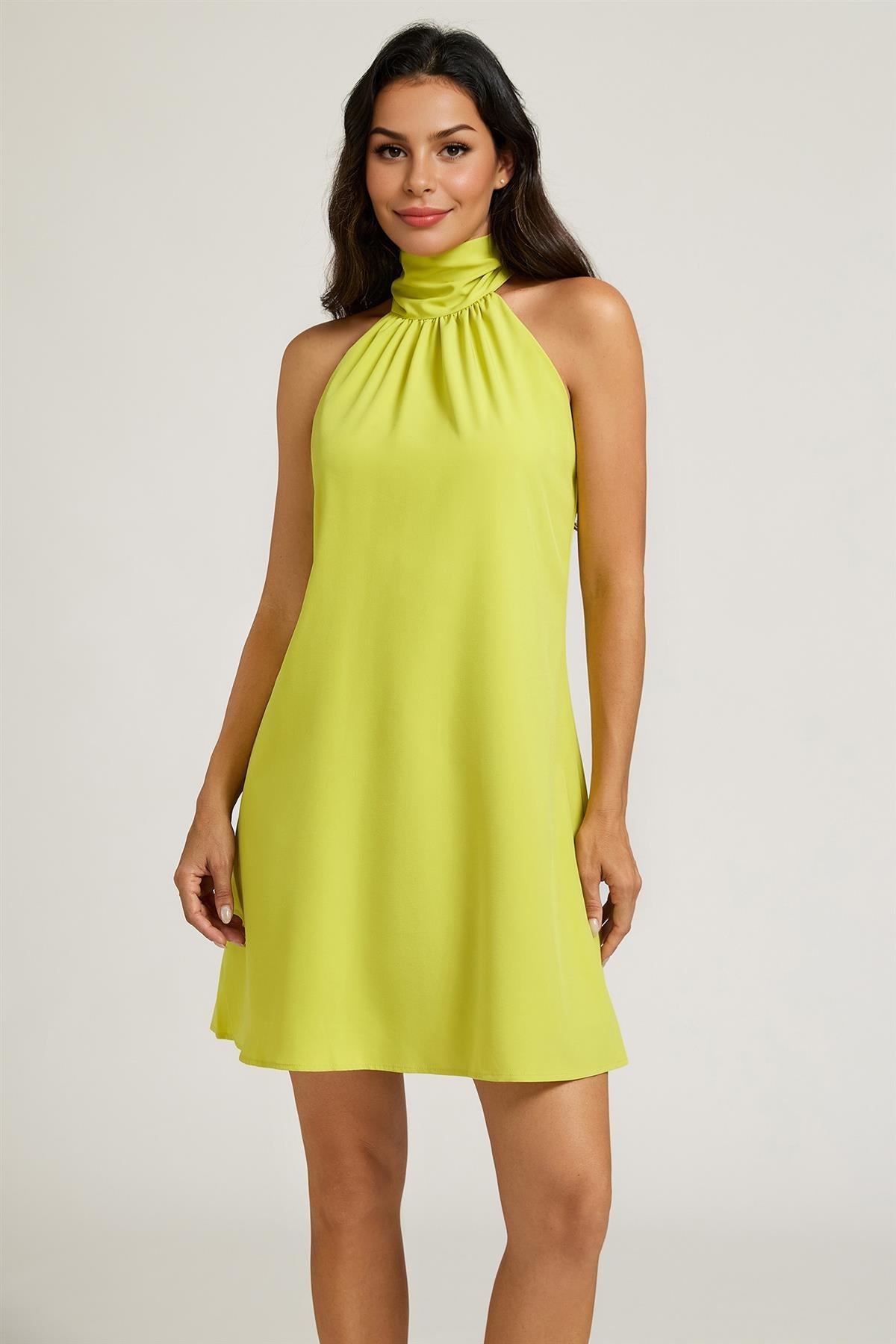 Halter Neck Tie Back Mini Dress In Lime