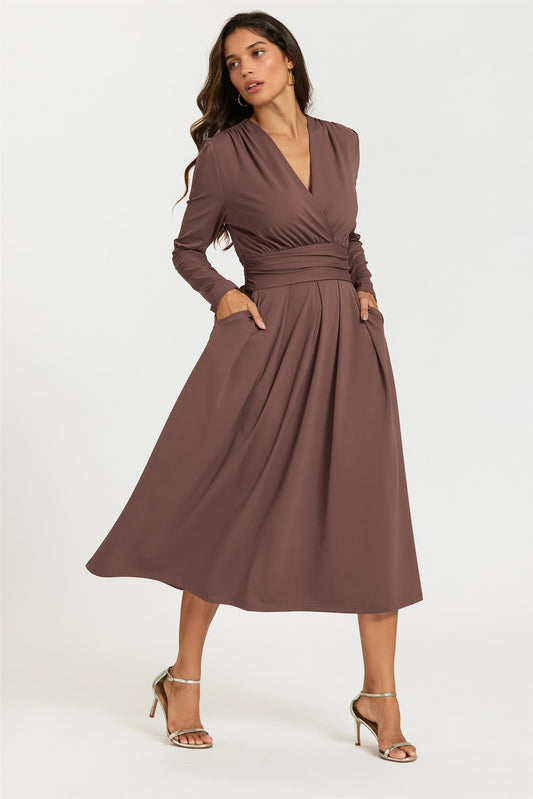 Jersey Long Sleeve Midi Dress In Brown