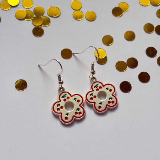 Cream with red cherry flower dangle earrings on hypoallergenic surgical steel hooks