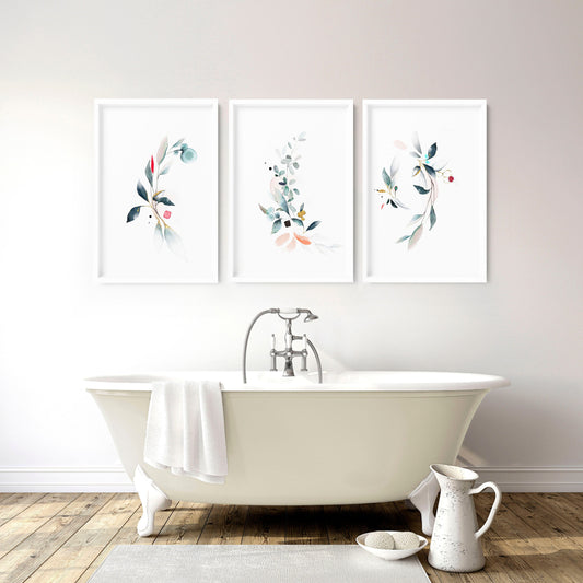 Bathroom wall decor UK | Set of 3 Botanical art prints