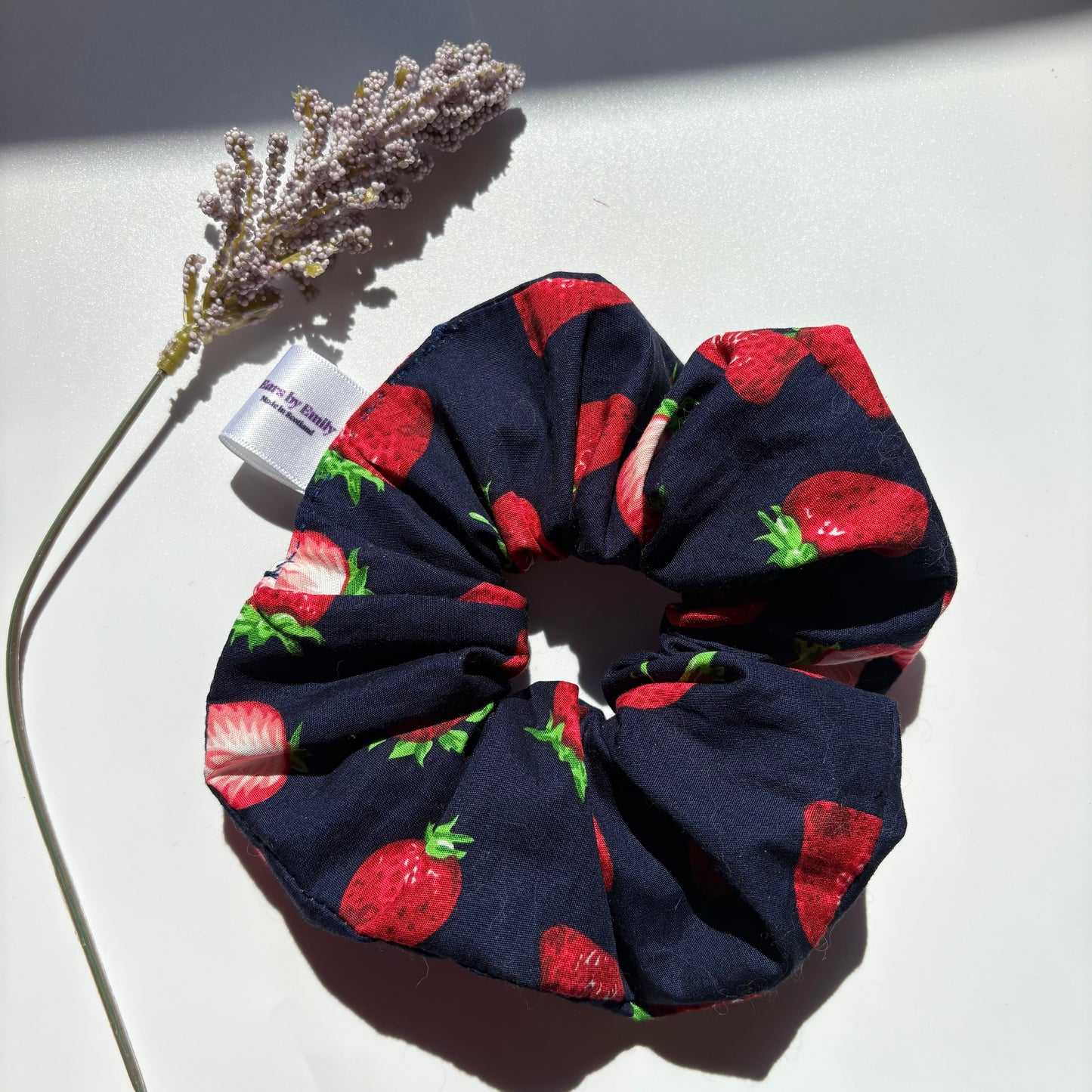 Cool navy blue and red strawberry large hair scrunchie