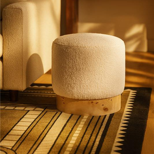 Mota Burl Wood And Cream Boucle Round Stool