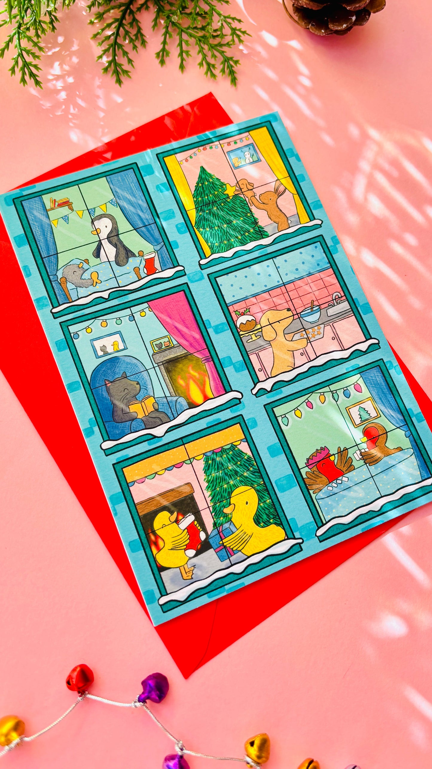 Illustrated animals Christmas scene A6 greetings card