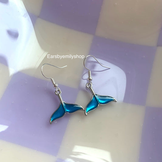 Blue dolphin/ whale tail reversible silver dangle earrings