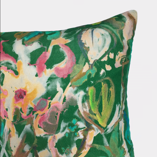 Watercolour Floral Velvet Cushion - Emerald
