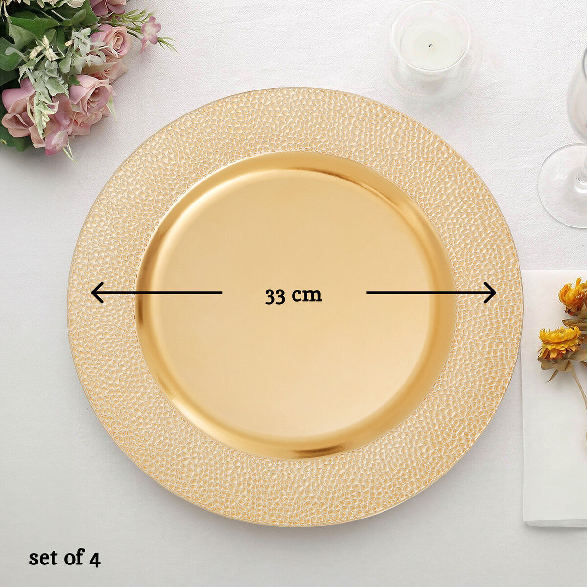 Set of Four 33cm Dia Gold Finish Pebble Effect Charger Plates
