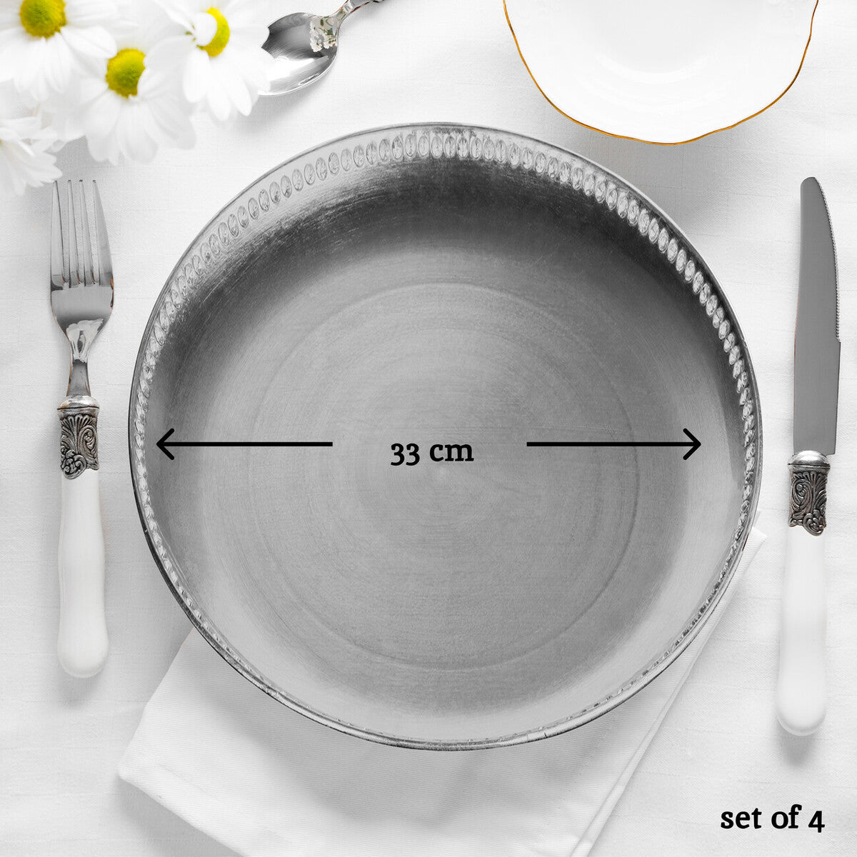 Set of Four 33cm Dia Radiance Silver Decorative Chargers