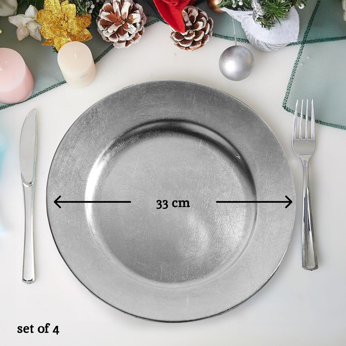 Set of Four 33cm Dia Flat Style Silver Decorative Charger Plates