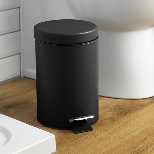 3L Matt Black Round Stainless Steel Bathroom Pedal Bin