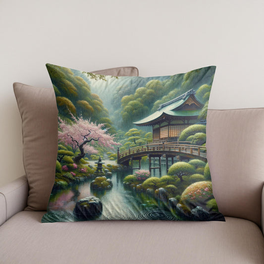 Tranquil Rain in Kyoto Cotton Cushion