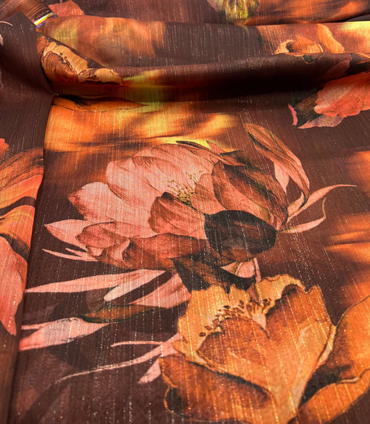 Brown Floral Gold Lurex Stripe Printed Chiffon Dress Fabric