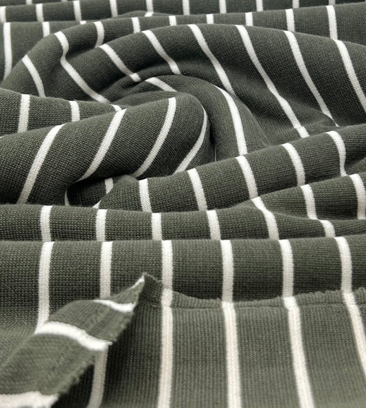 Khaki Green Knitted Horizontal Stripe 2 Way Stretch Fabric