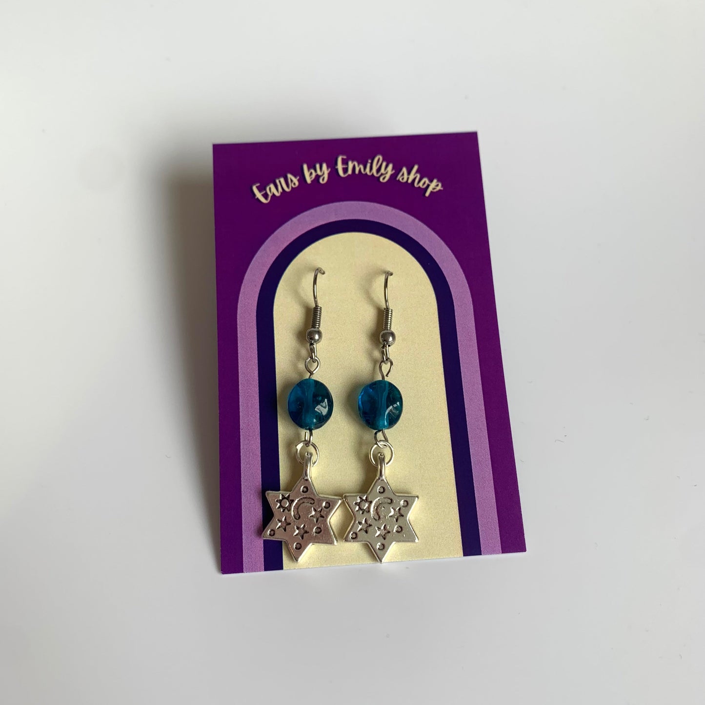 Cool silver star with yellow or blue bead statement dangle hypoallergenic earrings