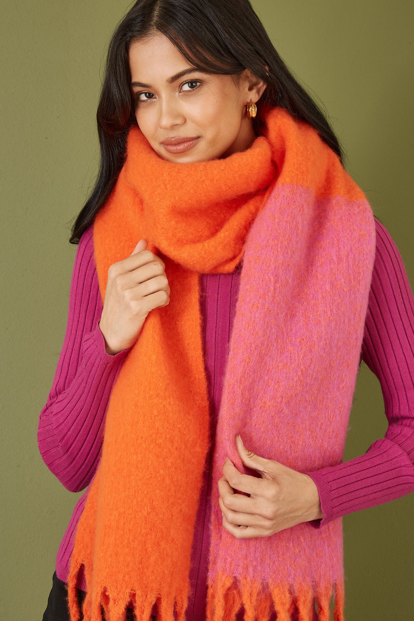 Yumi Pink And Orange Colour Block Scarf