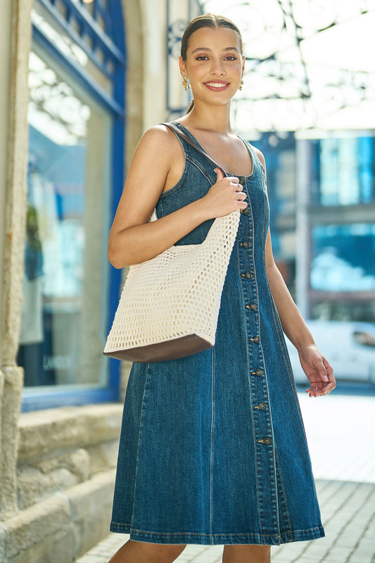 Yumi Ivory Crochet Shoulder Bag With Faux Leather Straps