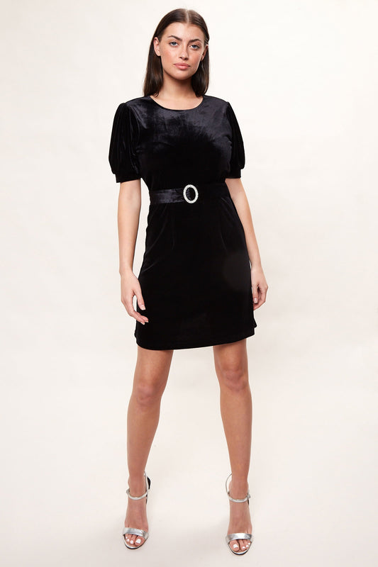 Louche Alya Velvet Diamante Buckle Mini Dress - Black