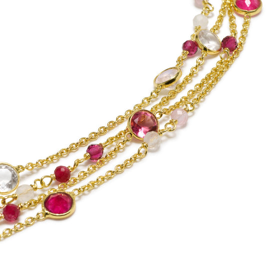 Hydra Multi-Strand Gold Chain and Gemstone Bracelet Moonstone, Rose Quartz, Pink Jade & Pink Tourmaline