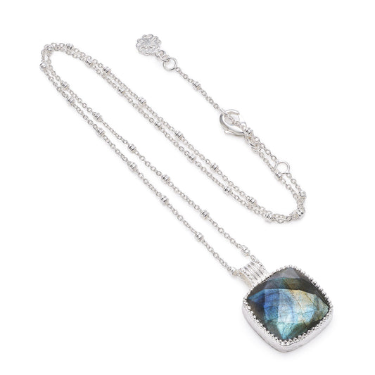 Tetra Large Square Gemstone Pendant: Silver Labradorite