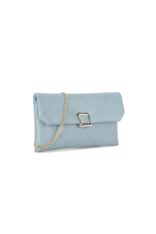 Blue Faux Leather Clutch Bag with Chain Strap
