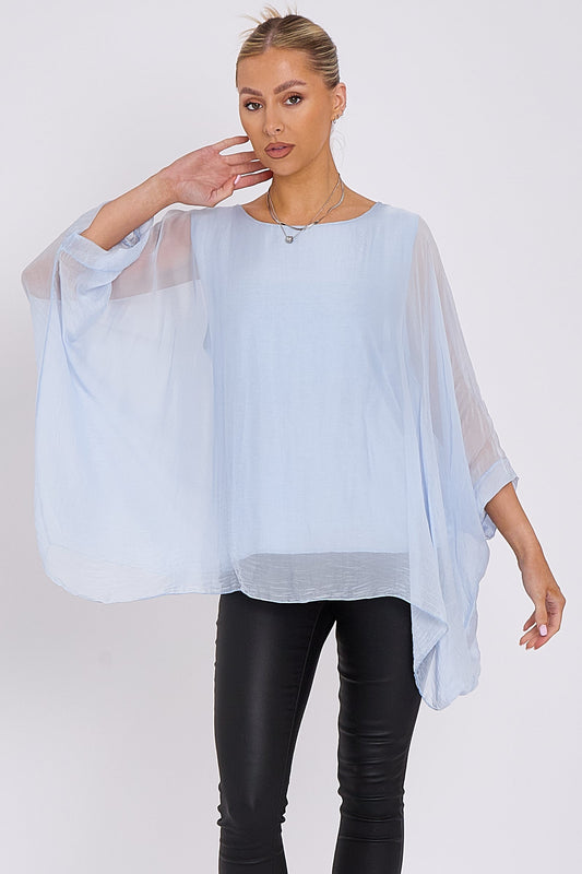 Light Blue Silk Batwing Sleeve Top – Batwing Sleeve Occasion Top