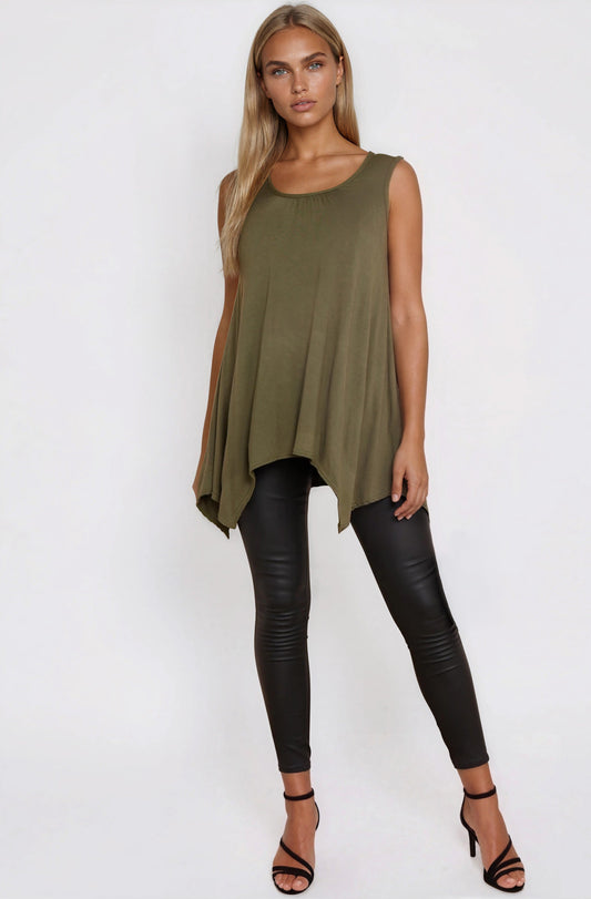 Khaki Sleeveless Top With Asymmetric Hem
