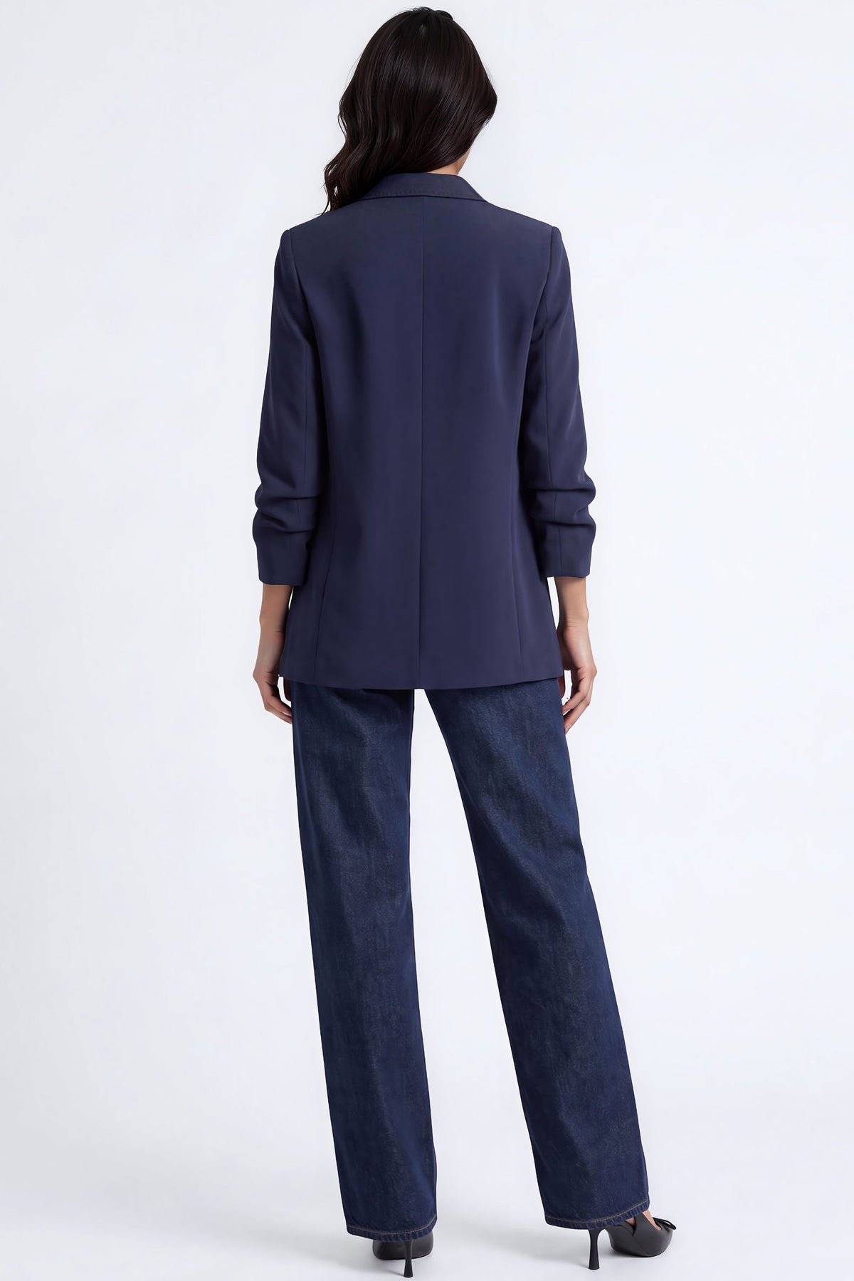 Navy Blazer with Ruched Sleeves
