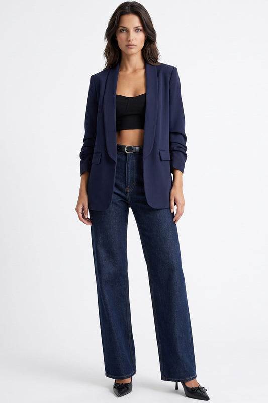 Navy Blazer with Ruched Sleeves