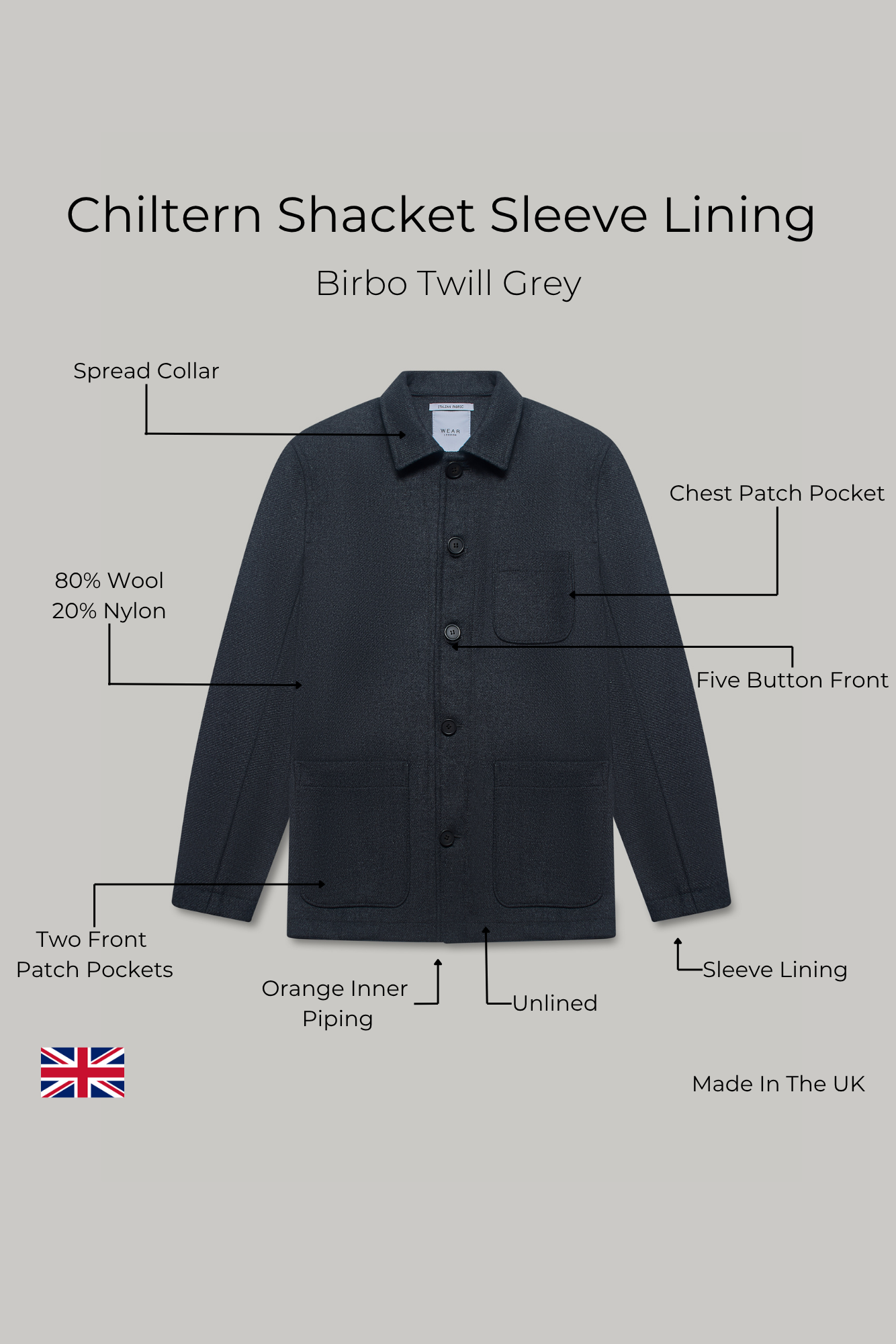 Chiltern Shacket Sleeve Lining - Birbo Twill Grey